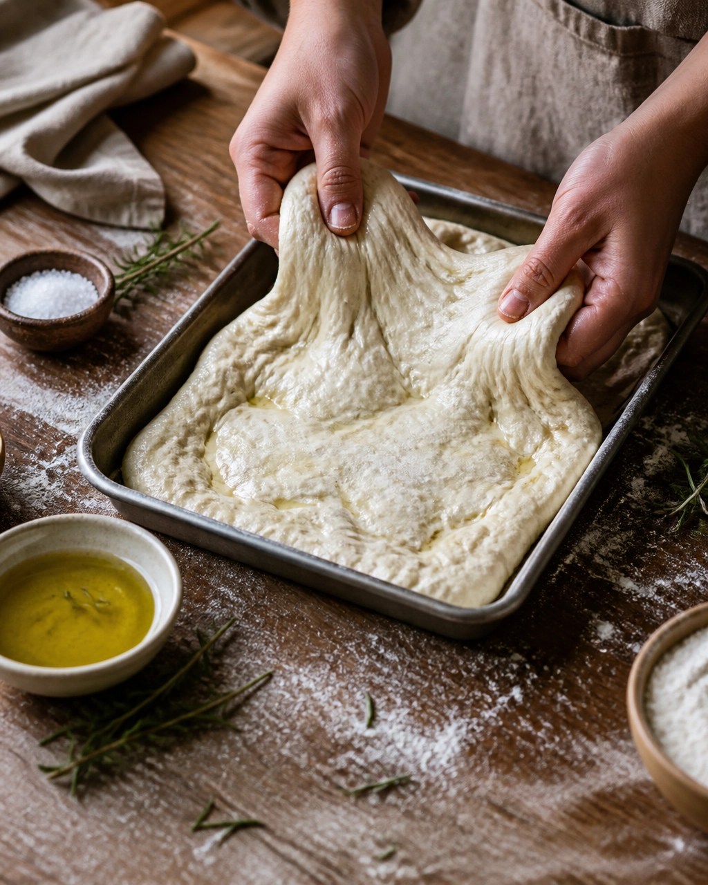 Homemade focaccia dough being stretched in an oiled baking tray