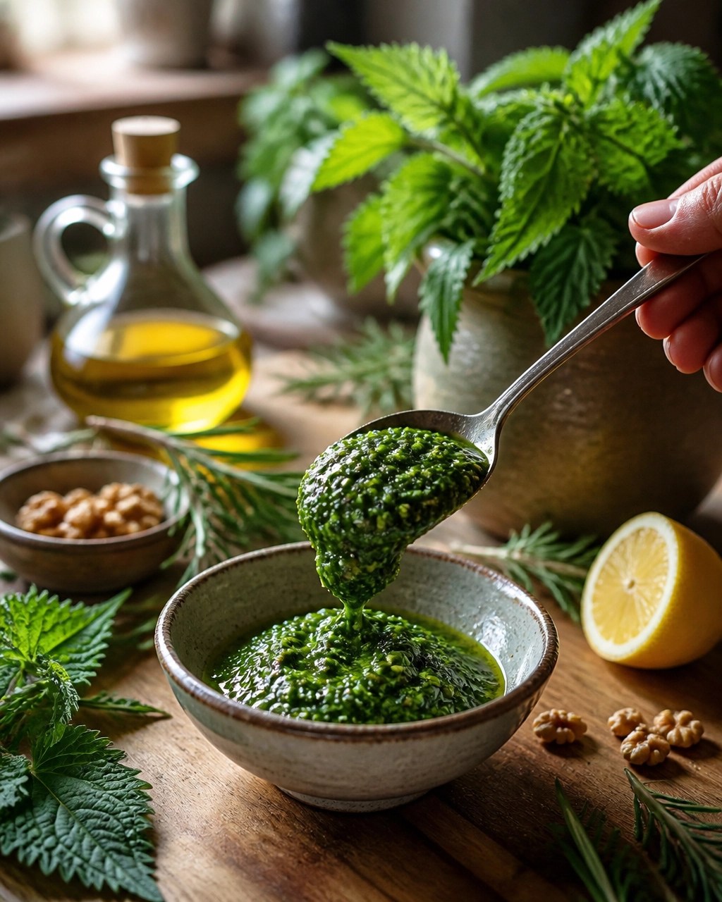 Earthy green nettle pesto in a ceramic bowl with walnuts, lemon and herbs