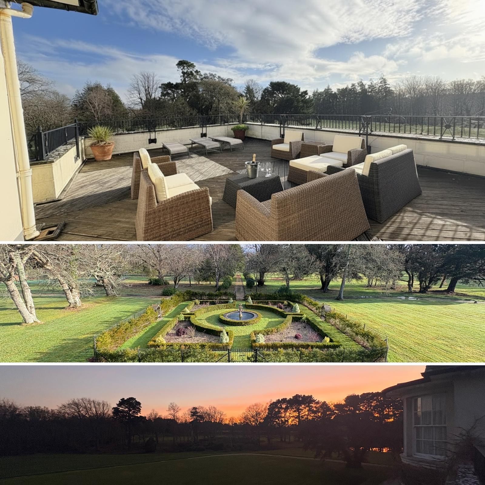 Terrace with outdoor lounge seating, formal gardens and sunset views