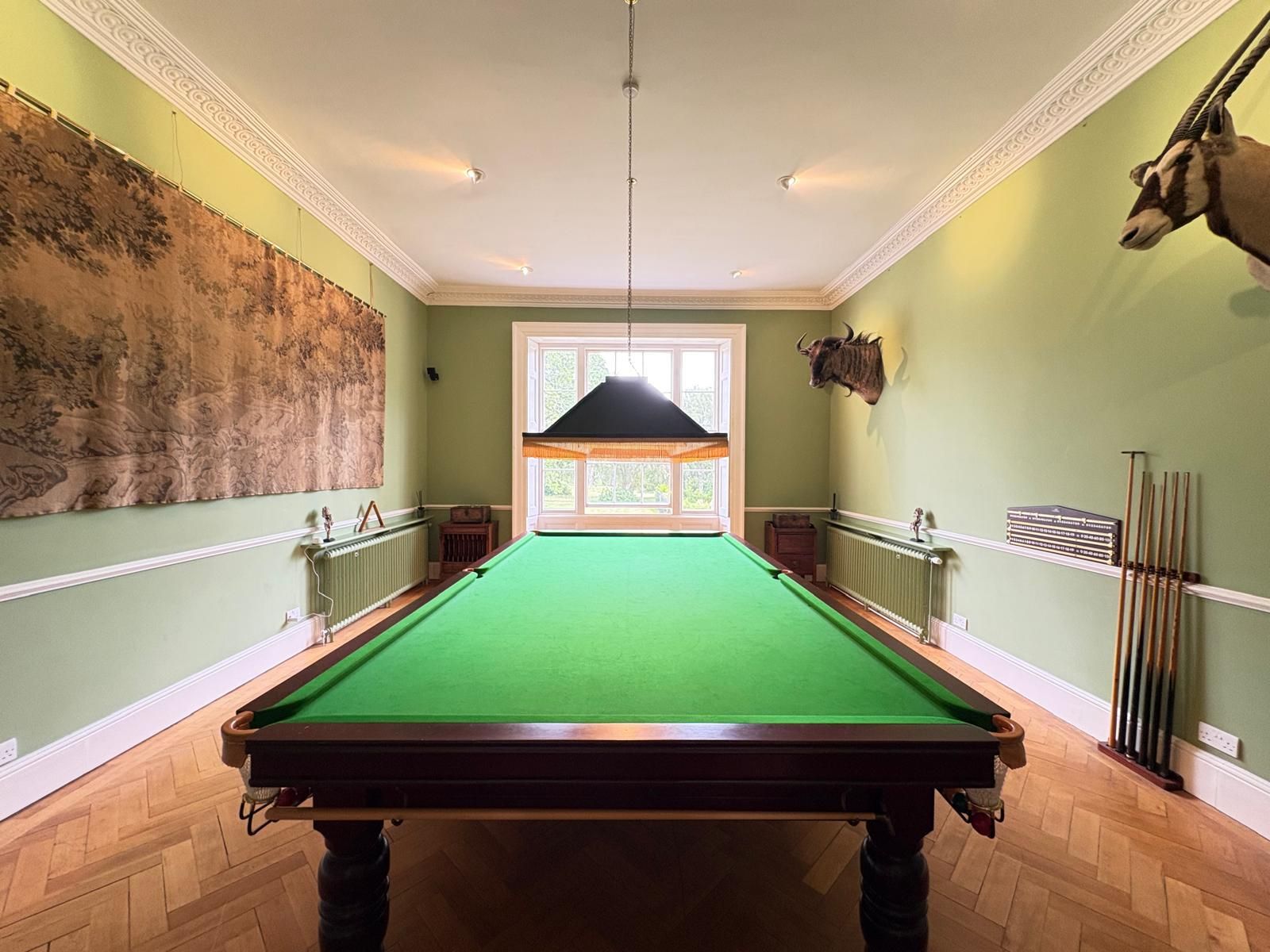 Billiard room with snooker table and tapestry